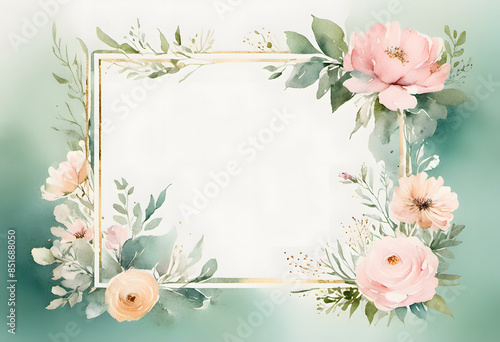 A watercolor floral frame with leaves and flowers surrounding a blank white center. The design is delicate and elegant, suitable for invitations, wedding or greeting cards.