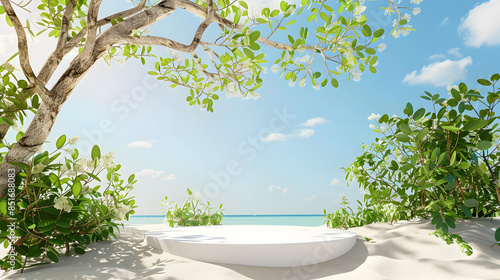 Tropical White Podium in Nature Setting with Blue Sky Background