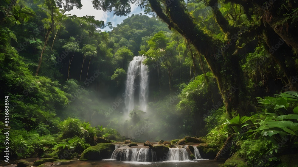 Fototapeta premium A lush green forest with a waterfall in the middle. The waterfall is surrounded by trees and the water is calm. The scene is peaceful and serene