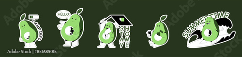 Cute Avocado Character Sticker with Emotion Vector Set. Emoji Funny Alligator Pear Green Fruit with Face Expression