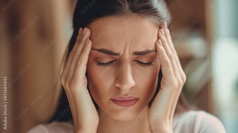 Obraz premium Kopfschmerzen Person hält Kopf mit Händen Schmerz erkennbarer Gesichtsausdruck für Migräne Generative AI