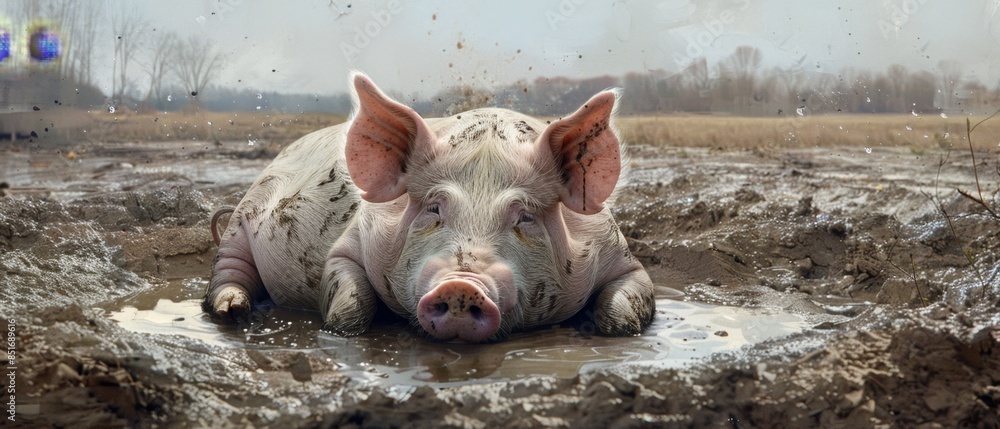 A chubby pig lounging in a muddy pit, looking content and relaxed, representing the simple pleasures of life A chubby pig lounging in a muddy pit, looking content and relaxed, representing the simple pleasures of life