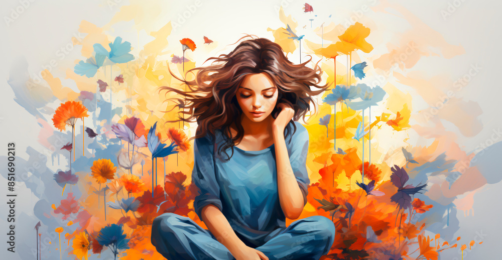 A woman is sitting in a field of flowers A woman is sitting in a field of flowers