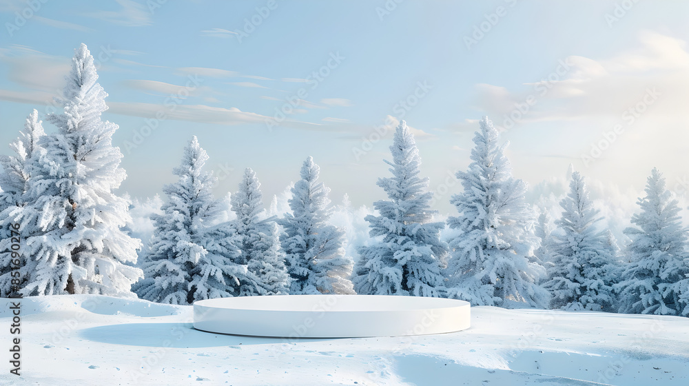 Elegant White Podium in Winter Wonderland - Snowy Landscape with Pine Trees Elegant White Podium in Winter Wonderland - Snowy Landscape with Pine Trees