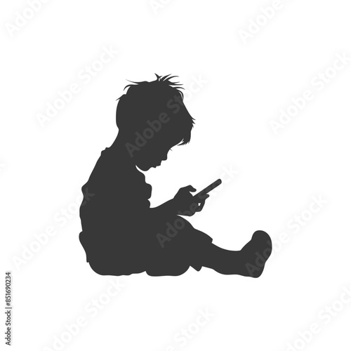 Silhouette of Child Seated, Absorbed in Mobile Phone Screen.