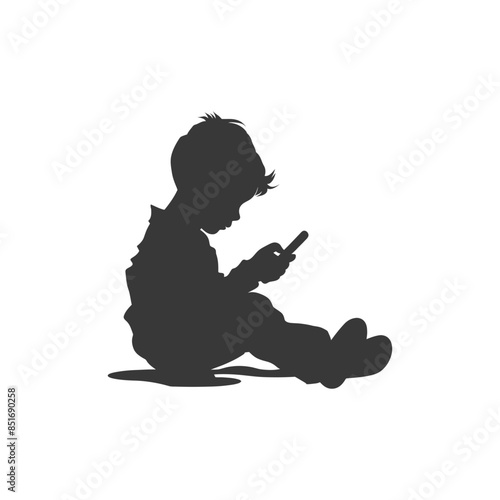 Child's Silhouette: Focused on Phone, Isolated on White.
