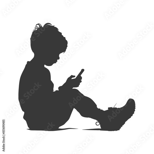 Silhouette of a Young Boy Curled Up with a Smartphone.