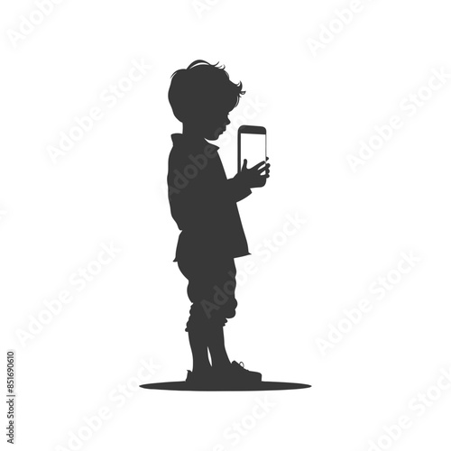 Silhouette of Boy Focused on Smartphone Screen, Childhood Technology