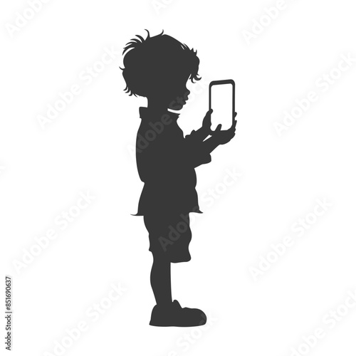 Silhouette of a Child Absorbed in Mobile Phone.
