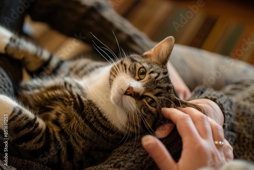 Playful Tabby Cat Snuggled in Warm Blankets on Owner's Lap © Ilia Nesolenyi