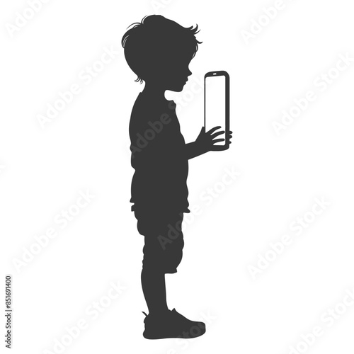 Silhouette of Boy Engrossed in Smartphone, Isolated on White Background.