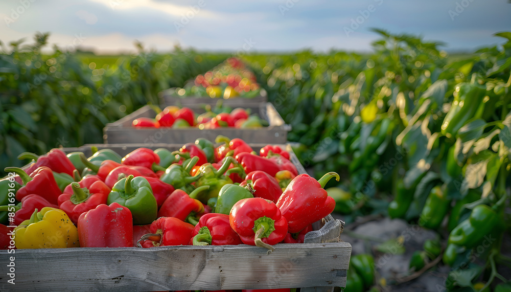 fresh harvested sweet paprika pepers in boxes in the field fresh harvested sweet paprika pepers in boxes in the field