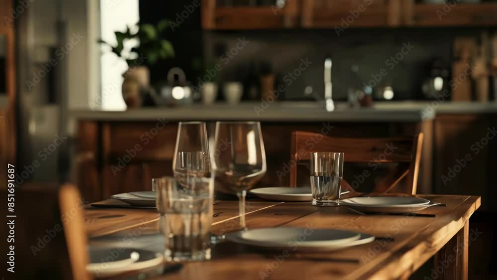 A wooden table set with plates and glasses, suitable for formal dining or special occasions. A wooden table set with plates and glasses, suitable for formal dining or special occasions.