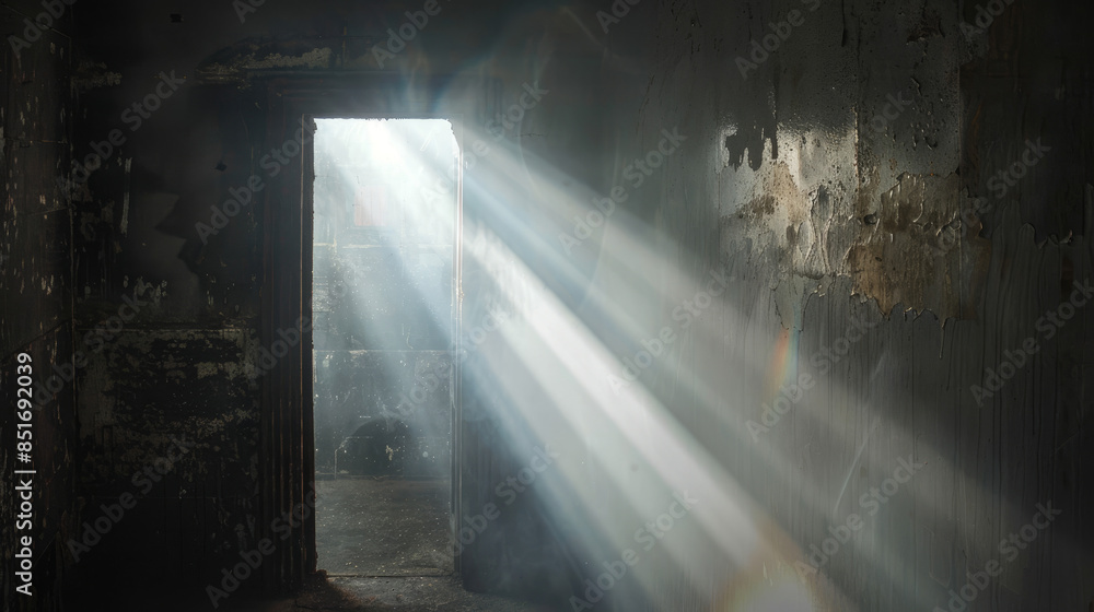 A beam of white light spread out as it passed through the narrow space between the door and the frame. A beam of white light spread out as it passed through the narrow space between the door and the frame.