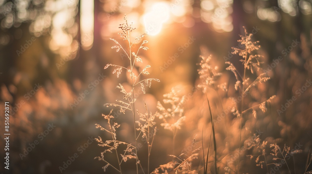 Obraz premium Wild grass in the field with sunbeams, forest at sunset, summer nature background