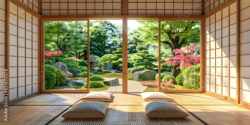 Traditional Japanese Tea Room with Tatami Mats, Shoji Screens, and Tranquil Garden View. Concept Japanese Culture, Traditional Architecture, Zen Garden, Tea Ceremony, Tatami Mats photo