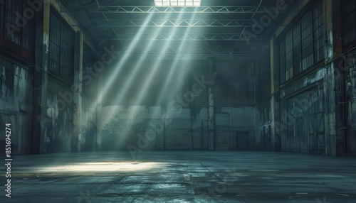 dramatic spotlight illuminating empty stage floor in abandoned warehouse creating an atmospheric and mysterious ambiance digital painting photo