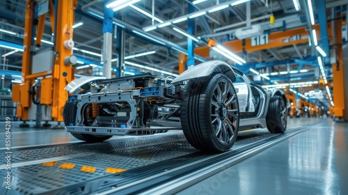 Highperformance electric car chassis featuring integrated battery packs, displayed in a modern EV production facility with robotic assembly lines © watanu