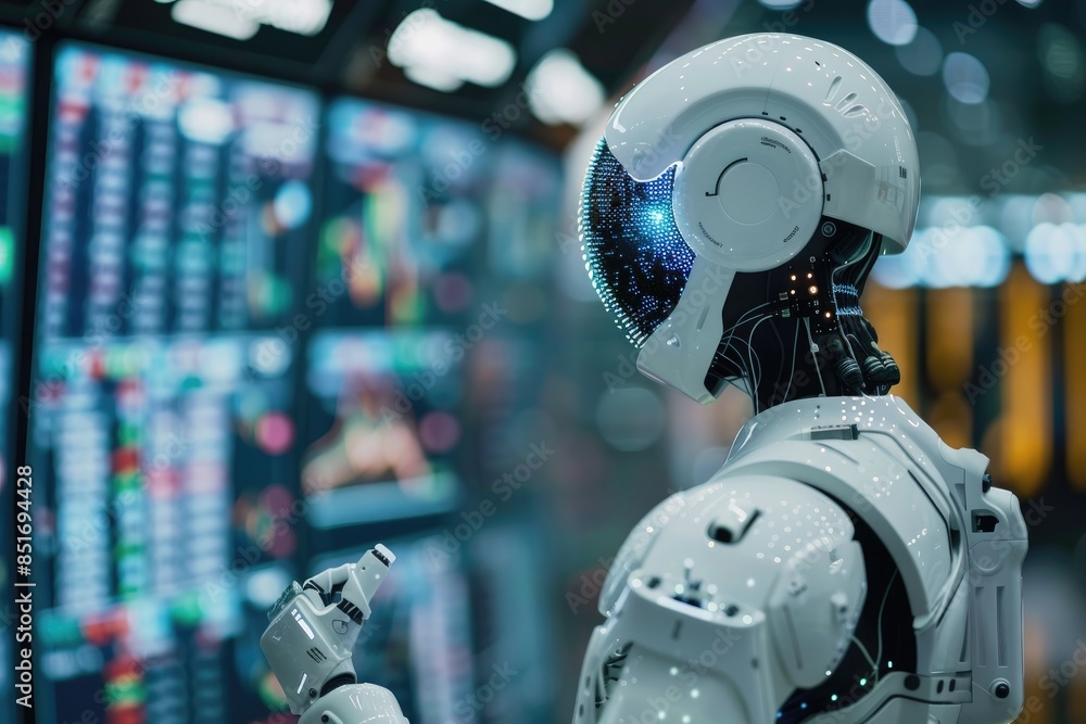 Fototapeta premium Advanced AI Robot-Powered System in Action, Predicting Stock Market Trends with Precision