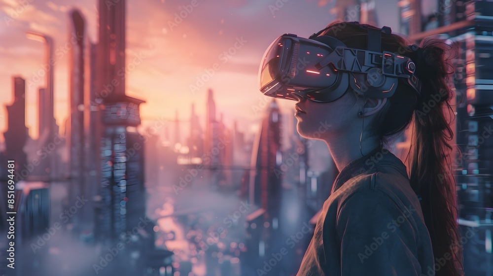 Futuristic City Skyline with VR Headset User Exploring Advanced Digital Landscape Futuristic City Skyline with VR Headset User Exploring Advanced Digital Landscape