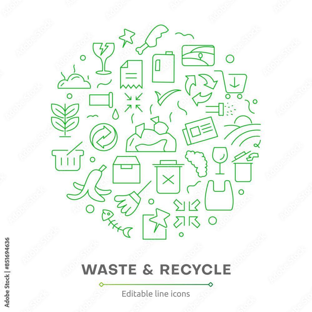 Waste and Recycle line icon set. Trash separation, waste sorting with further recycling outline icon collection. Trash, Plastic, Paper, Bottle, Can, Factory, Food, Pollution, recycling icon pack.