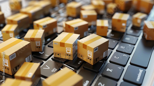 Online shopping involves buying products from suppliers or digital stores using a laptop. The boxes on the keyboard represent the purchased items, ready to be delivered.