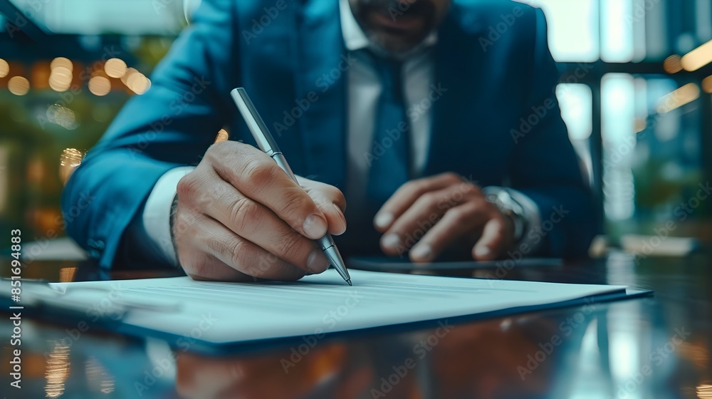 Successful Businessman Signing Important Business Contract in Sleek Modern Office Interior Successful Businessman Signing Important Business Contract in Sleek Modern Office Interior