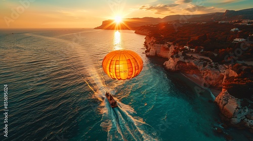 Fototapeta Naklejka Na Ścianę i Meble -  A hot air balloon is floating over the ocean
