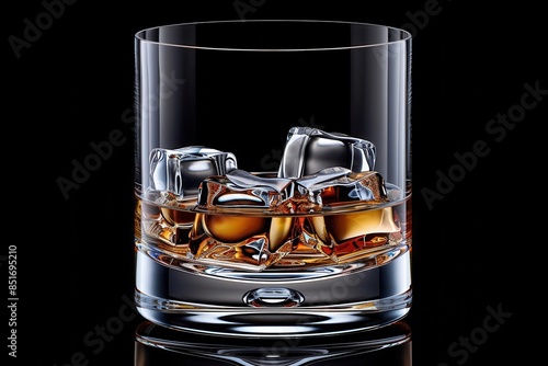 A closeup shot of a whiskey glass filled with ice cubes, placed on a plain background to emphasize the elegant simplicity of the drink, perfect for cocktail promotion photo