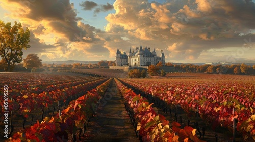 Bordeaux vineyard in autumn, colorful foliage, historic chateau in the background, rows of ripening grapes, dramatic sky, ultrarealistic, 4K photo