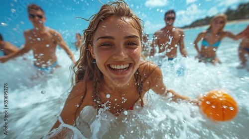 A woman is playing with a beach ball in the ocean with a group of people