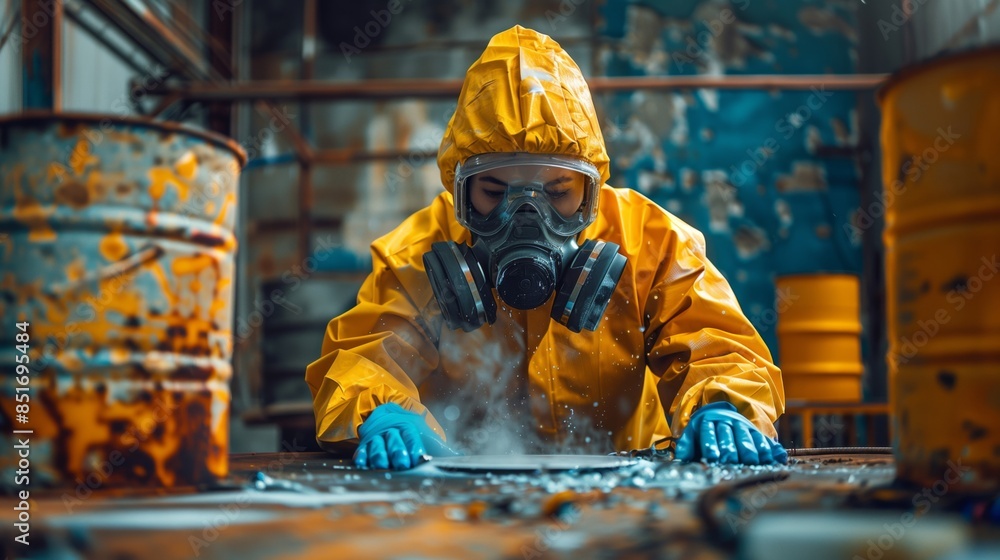 Scientist in Yellow Hazmat Suit Conducting Experiment. Scientist in Yellow Hazmat Suit Conducting Experiment.