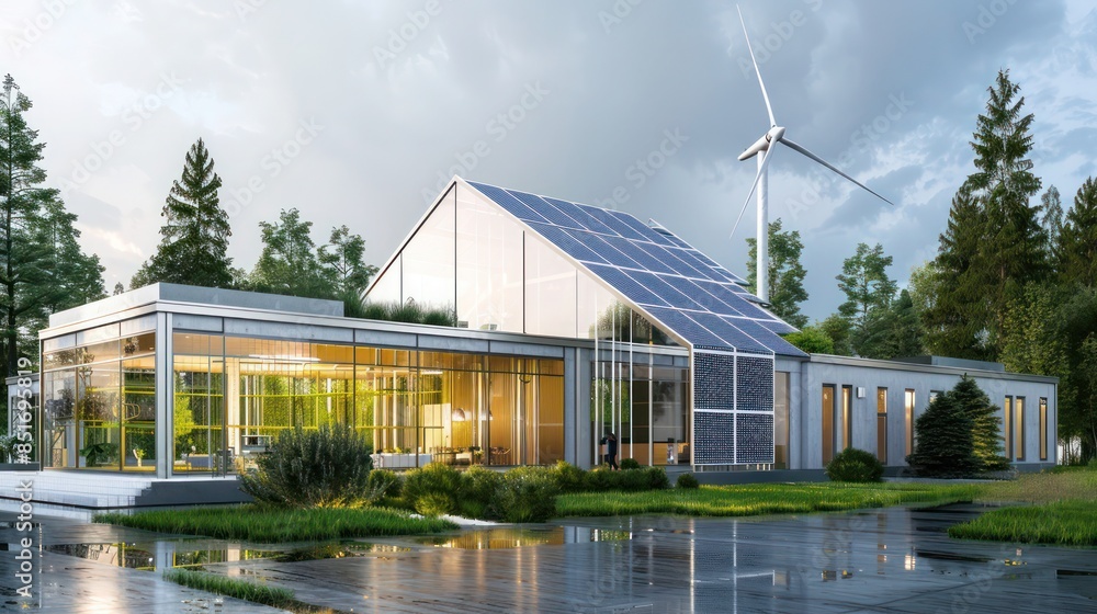 Obraz premium Technical drawings of a modern renewable energy plant with integrated solar and wind power systems