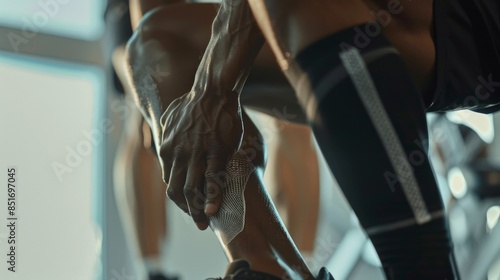 Close-up of an athlete stretching before a workout, focusing on leg muscles and sportswear, highlighting exercise and fitness. photo