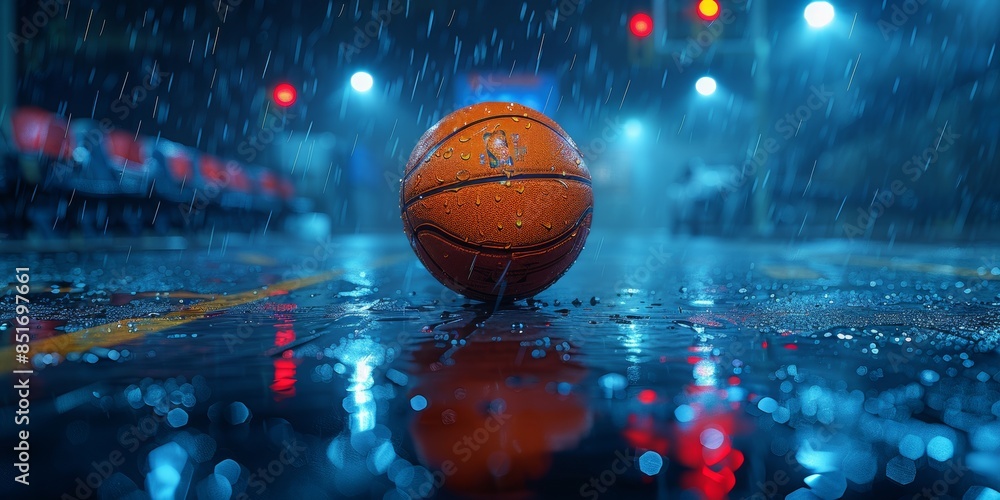 basketball ball on a floor of basketball arena, low angle, dim lights, dark blue atmosphere basketball ball on a floor of basketball arena, low angle, dim lights, dark blue atmosphere