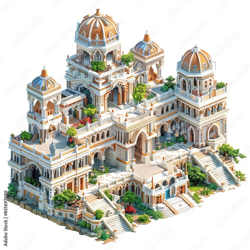 Obraz premium 3D Pixel art of a Palaces, isometric style, Attractive colors, isolated on white background, centered in frame