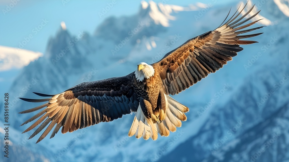 Obraz premium Majestic Eagle Soaring Above Snowy Mountain Peaks in Pristine Wilderness Landscape