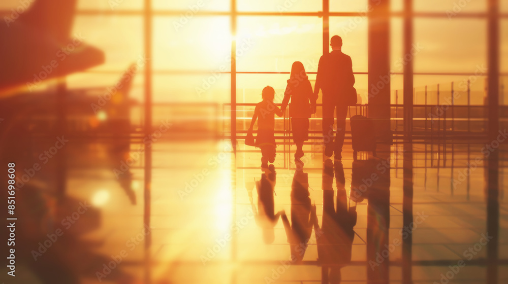Family walking through airport at sunset moment Family walking through airport at sunset moment