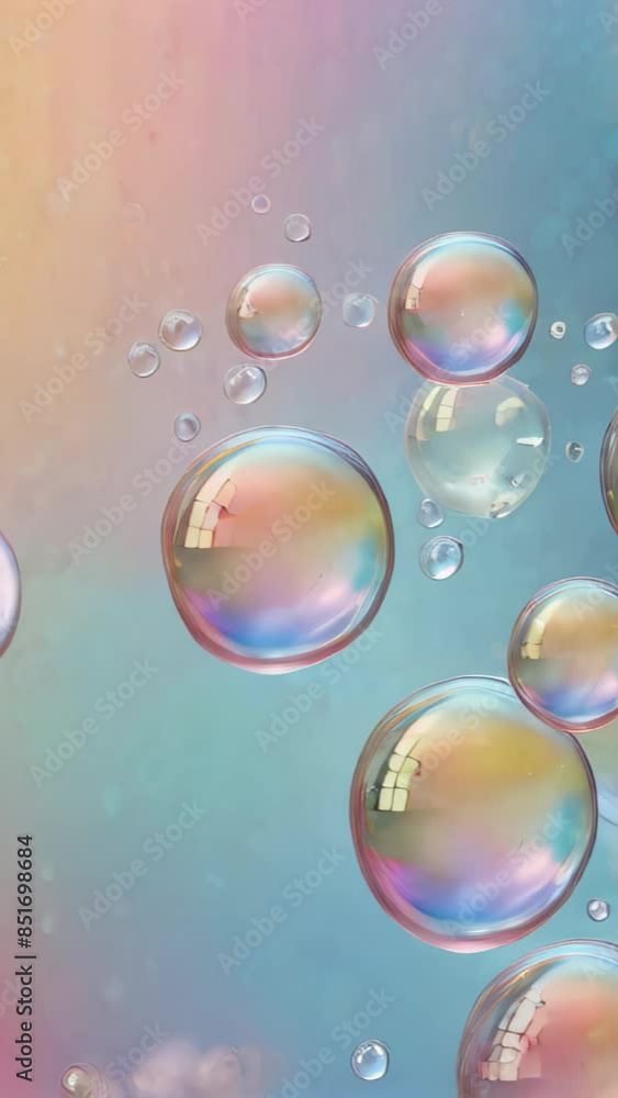 Soft and dreamy array of pastel-colored bubbles, including pink, blue, and yellow, float against a light gradient background. Vertical slow motion background Soft and dreamy array of pastel-colored bubbles, including pink, blue, and yellow, float against a light gradient background. Vertical slow motion background