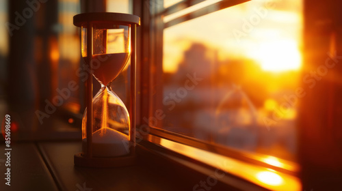 Hourglass on windowsill during sunset concept of time passing