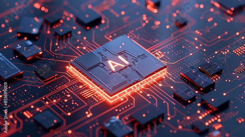 Close-up of AI Microchip on Glowing Circuit Board in Futuristic Digital Environment