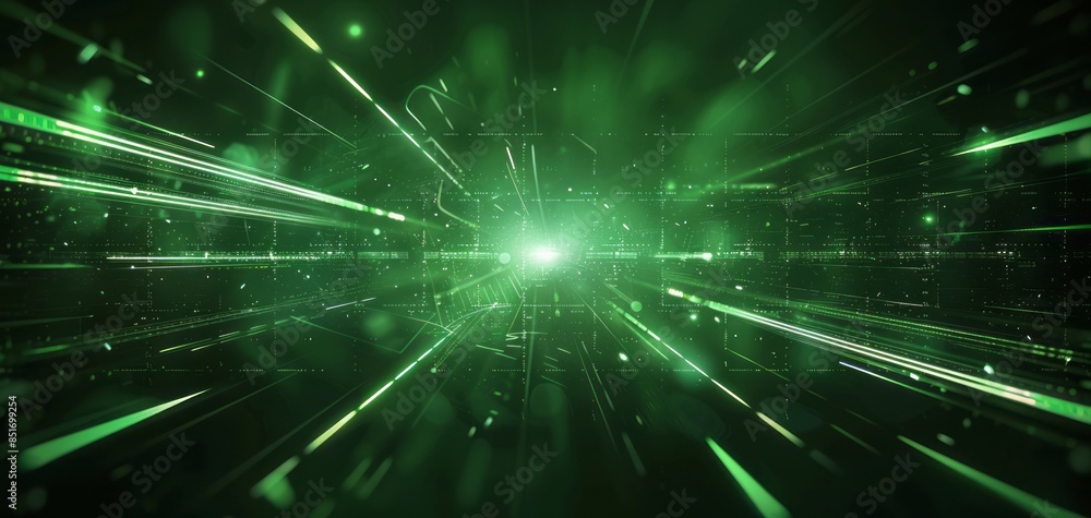 Dark green background with light rays and lines of light in the center Dark green background with light rays and lines of light in the center