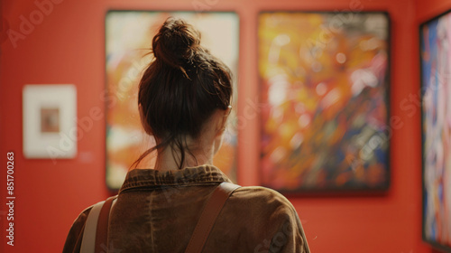 A woman stands in an art gallery, appreciating the artwork on display.