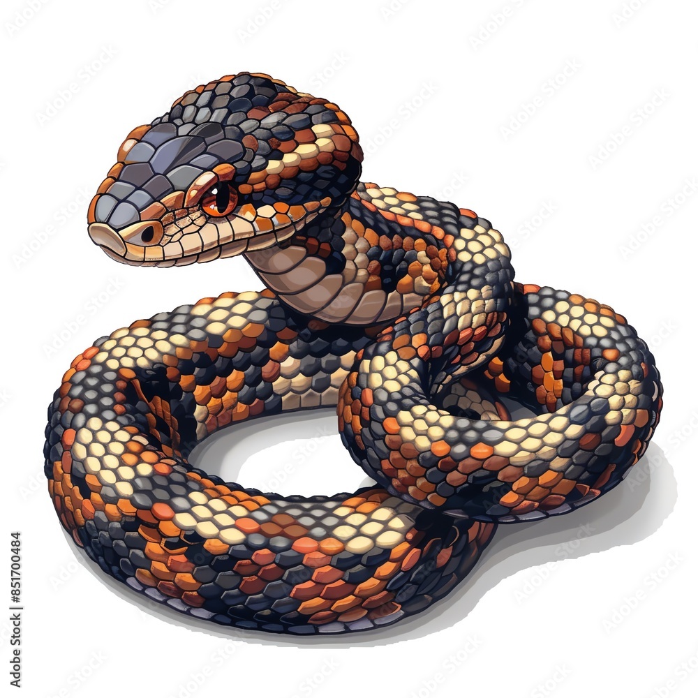 Fototapeta premium 3D Pixel art of a Anaconda, isometric style, Attractive colors, isolated on white background, centered in frame