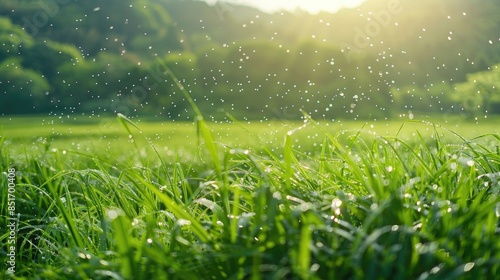 A close-up shot of a vibrant grass field, with tiny pollen particles suspended in the warm afternoon light. The green hills provide a stunning backdrop, and the overall scene exudes a feeling of calm