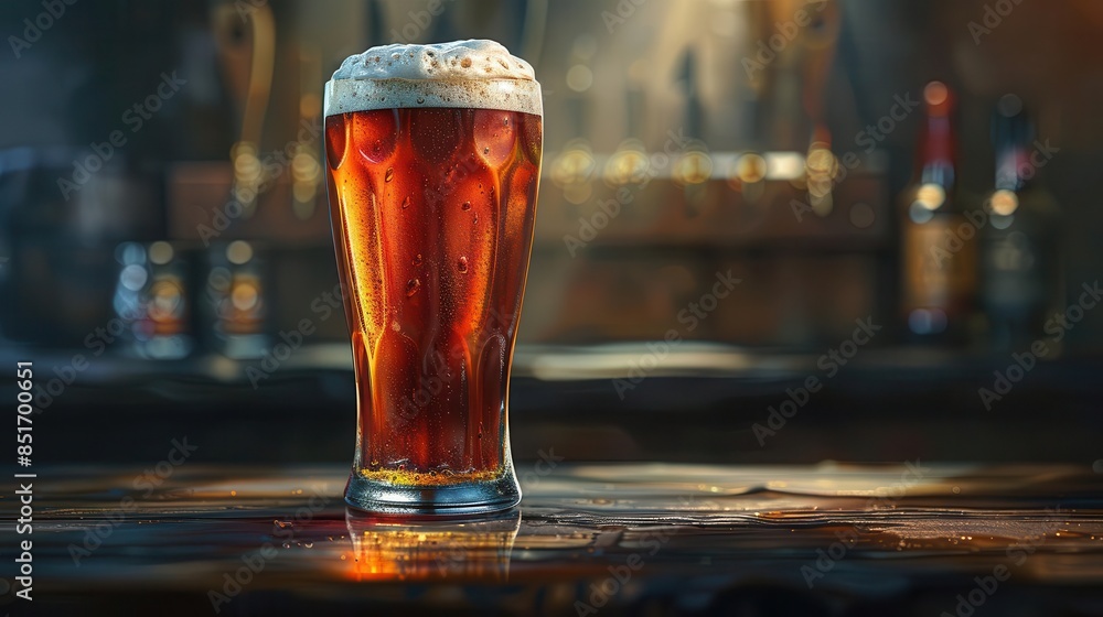 A photorealistic illustration of a fresh draft beer, its frothy head perfectly perched atop a chilled glass, resting on a rustic pub table under the warm lighting of a cozy bar A photorealistic illustration of a fresh draft beer, its frothy head perfectly perched atop a chilled glass, resting on a rustic pub table under the warm lighting of a cozy bar