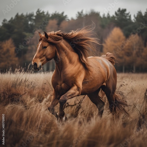 Majestic Chestnut Stallion Galloping Across Autumn Field Mane Flowing in the Wind