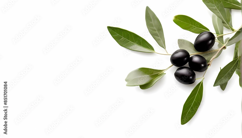 Olive branch with black olives and green leaves on white background, AI Generated Olive branch with black olives and green leaves on white background, AI Generated