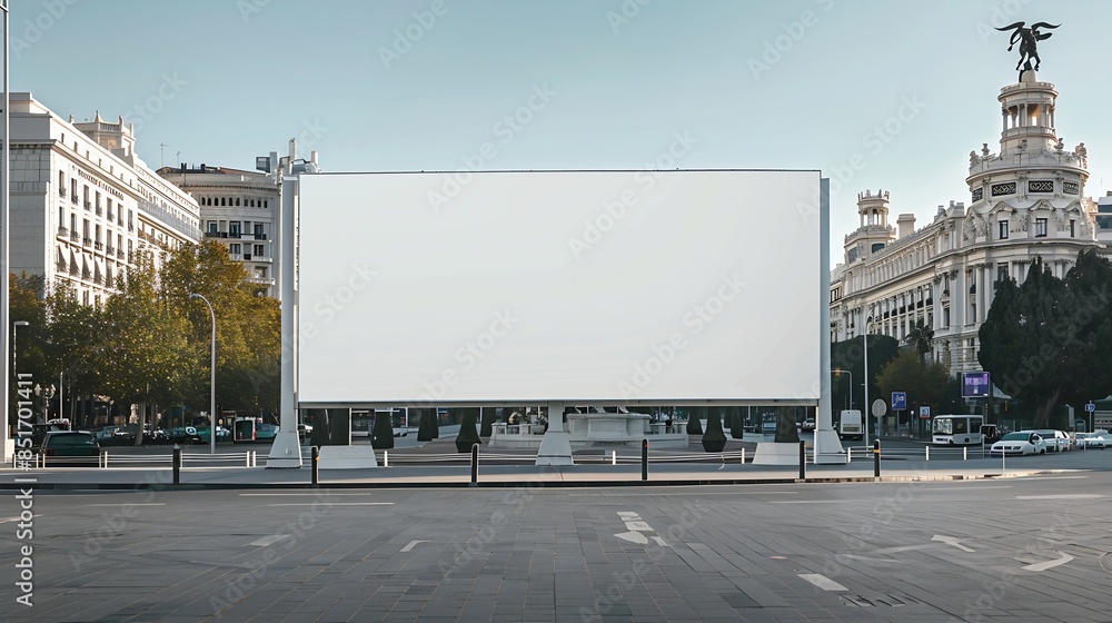 Fototapeta premium Blank billboard mockup in madrid with the cibeles palace in the background under a clear sky : Generative AI