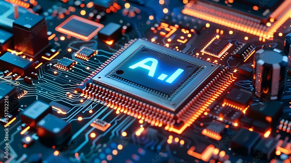 Futuristic Circuit Board with AI Microchip Illuminated in Blue and Orange Futuristic Circuit Board with AI Microchip Illuminated in Blue and Orange